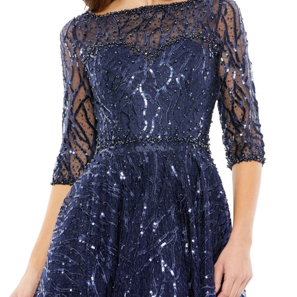 MAC DUGGAL HIGH NECK ABOVE ELBOW SLEEVE EMBELLISHED ALINE NAVY MIDI DRESS 4 - Picture 3 of 14